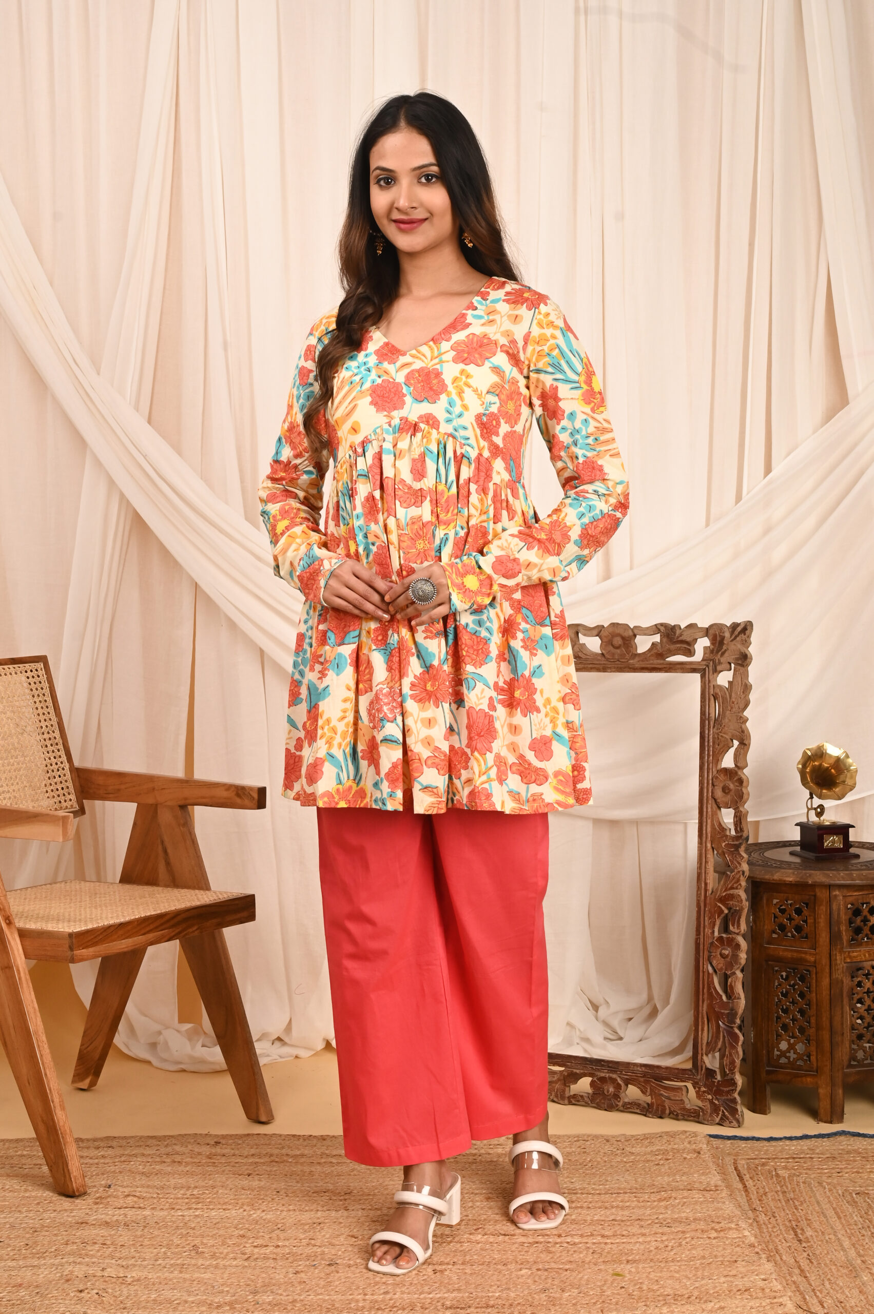 women's floral print full sleeves anarkali pure cotton kurtis