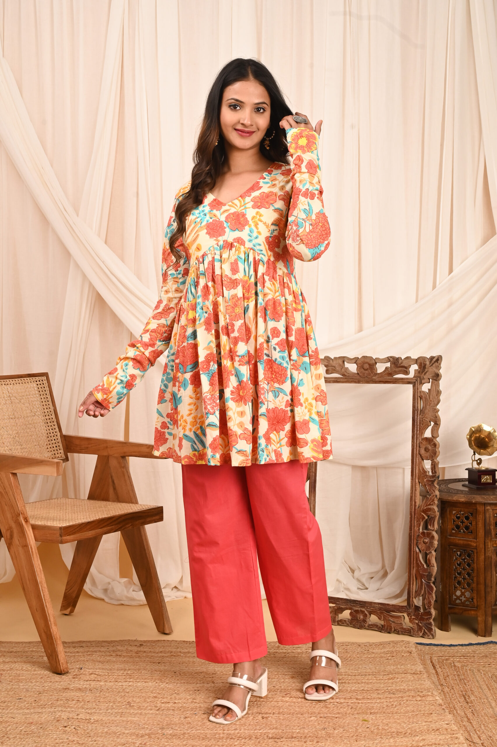 women's floral print full sleeves anarkali pure cotton kurtis