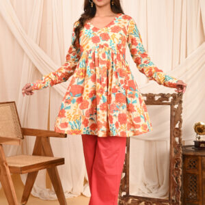 women's floral print full sleeves anarkali pure cotton kurtis