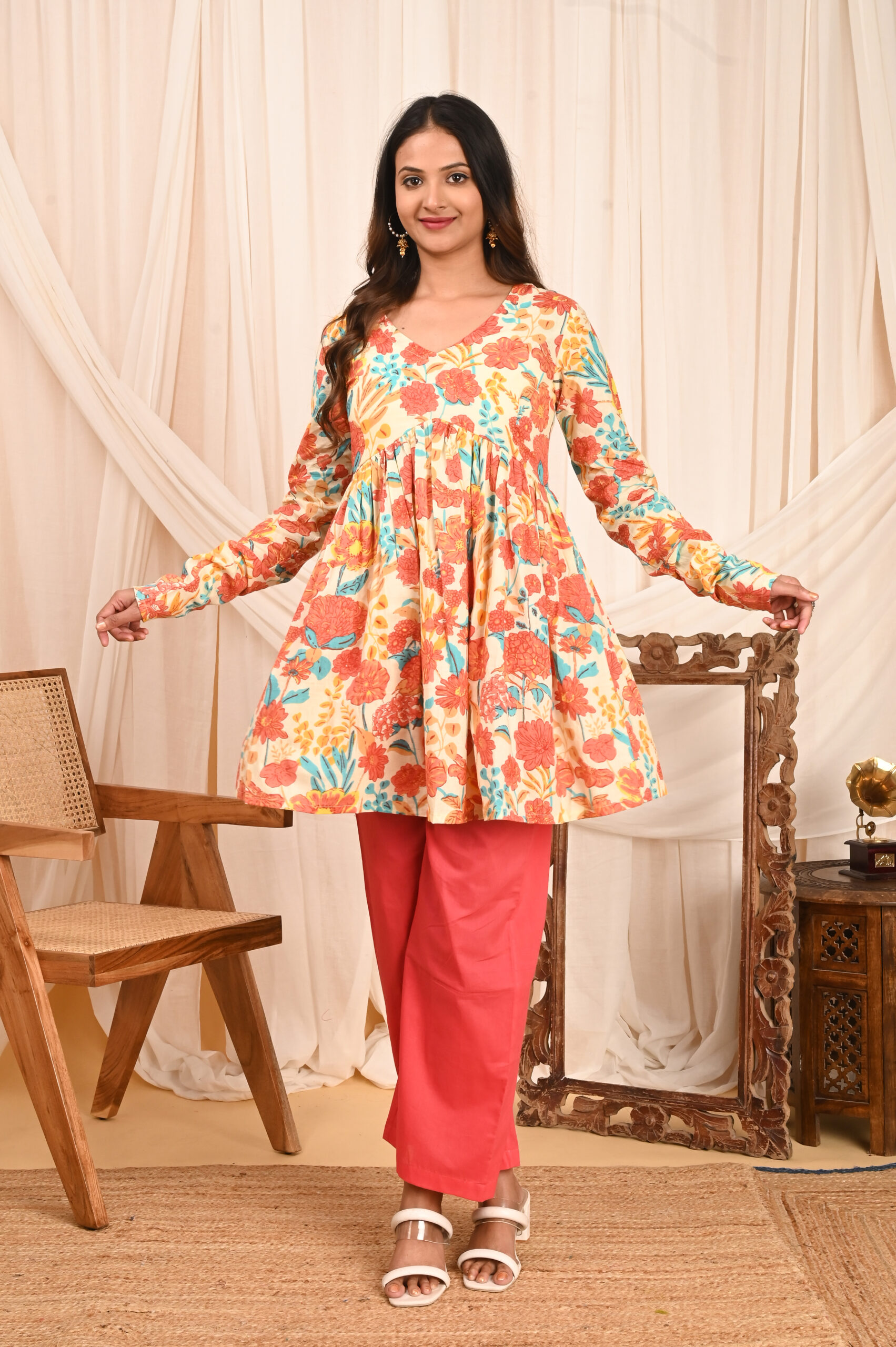 women's floral print full sleeves anarkali pure cotton kurtis