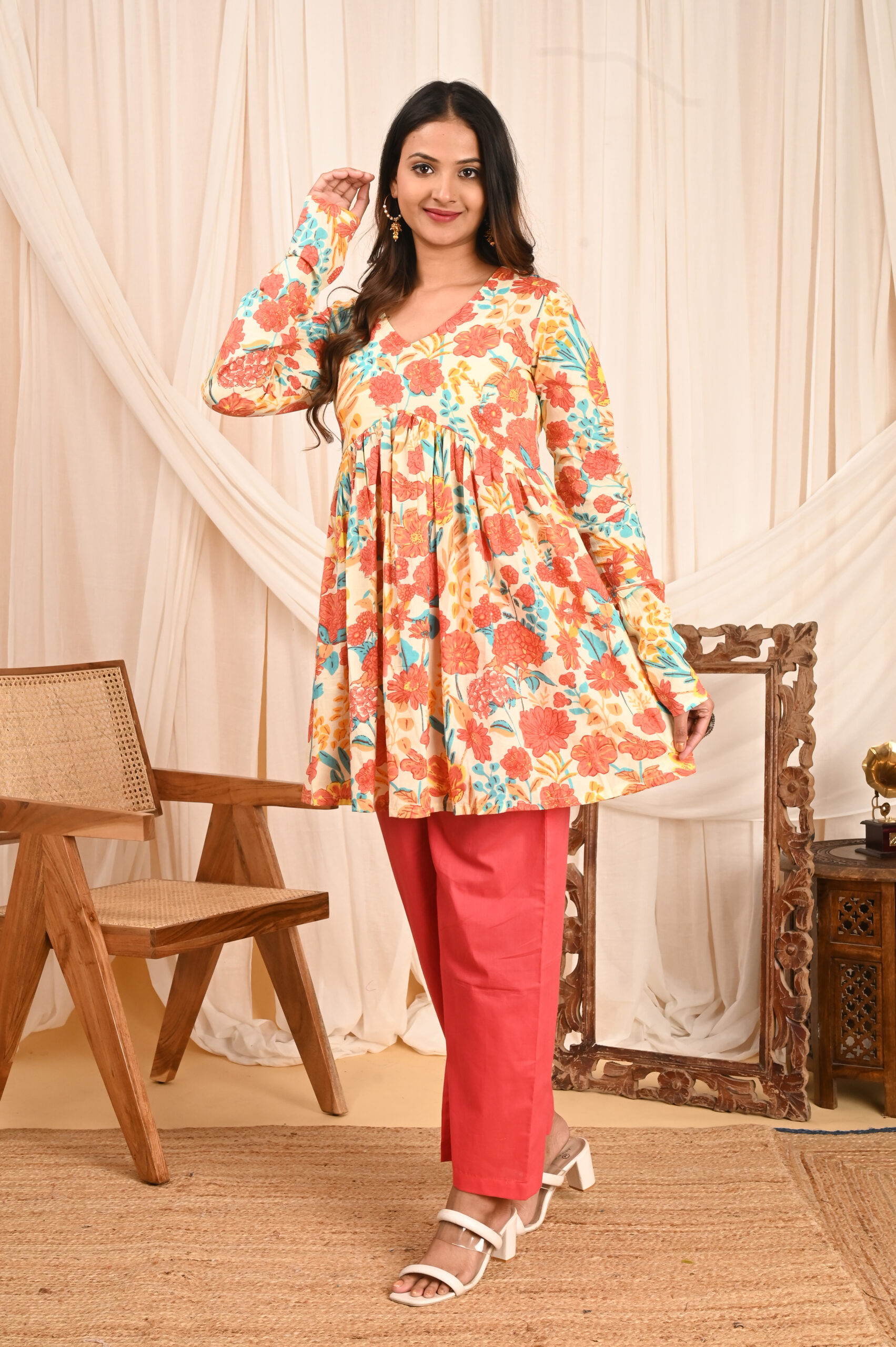 women's floral print full sleeves anarkali pure cotton kurtis