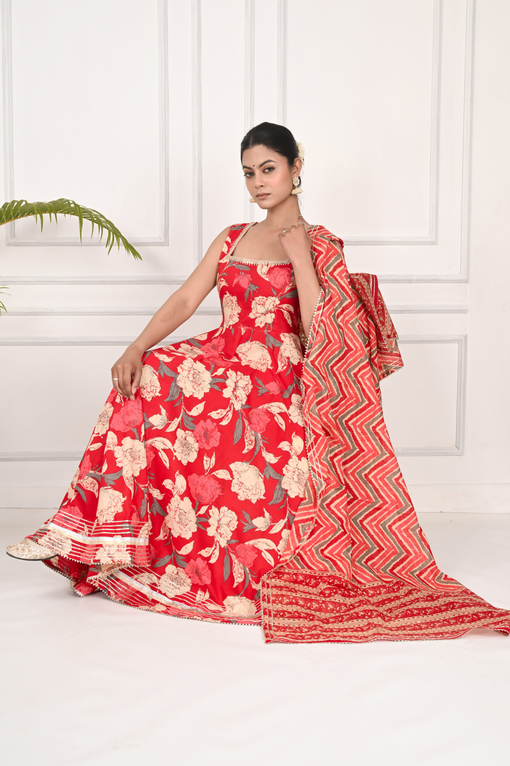 Elegant Women's Cotton Floral Print Anarkali Kurta Set with Hand Sequin Work – Sleeveless Kurta, Pant & Dupatta midnight gala maxi dress