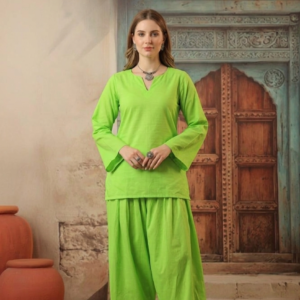women's cotton sleeveless kurti and farshi salwar set, green, ethnic wear, casual and festive