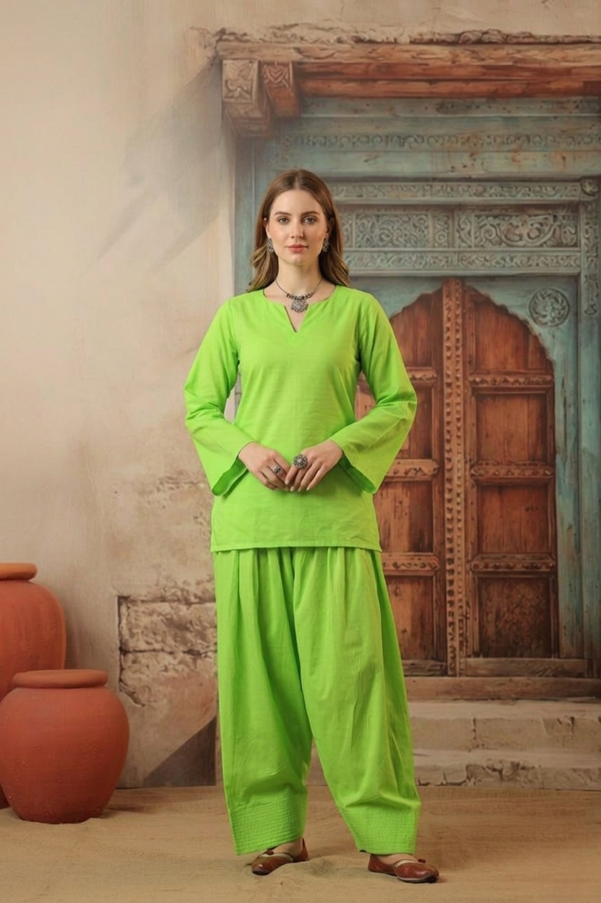 women's cotton sleeveless kurti and farshi salwar set, green, ethnic wear, casual and festive