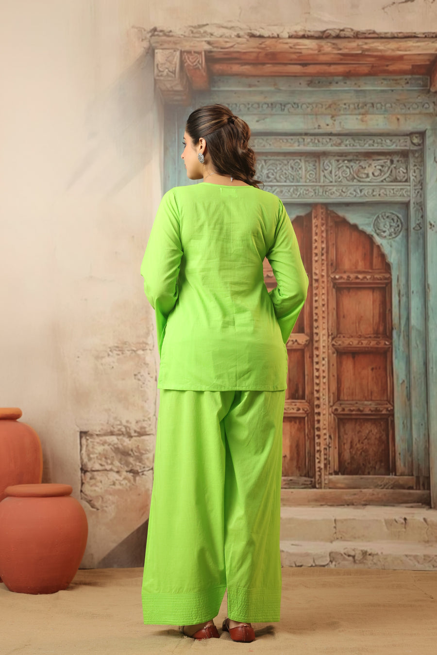 women's cotton sleeveless kurti and farshi salwar set, green, ethnic wear, casual and festive