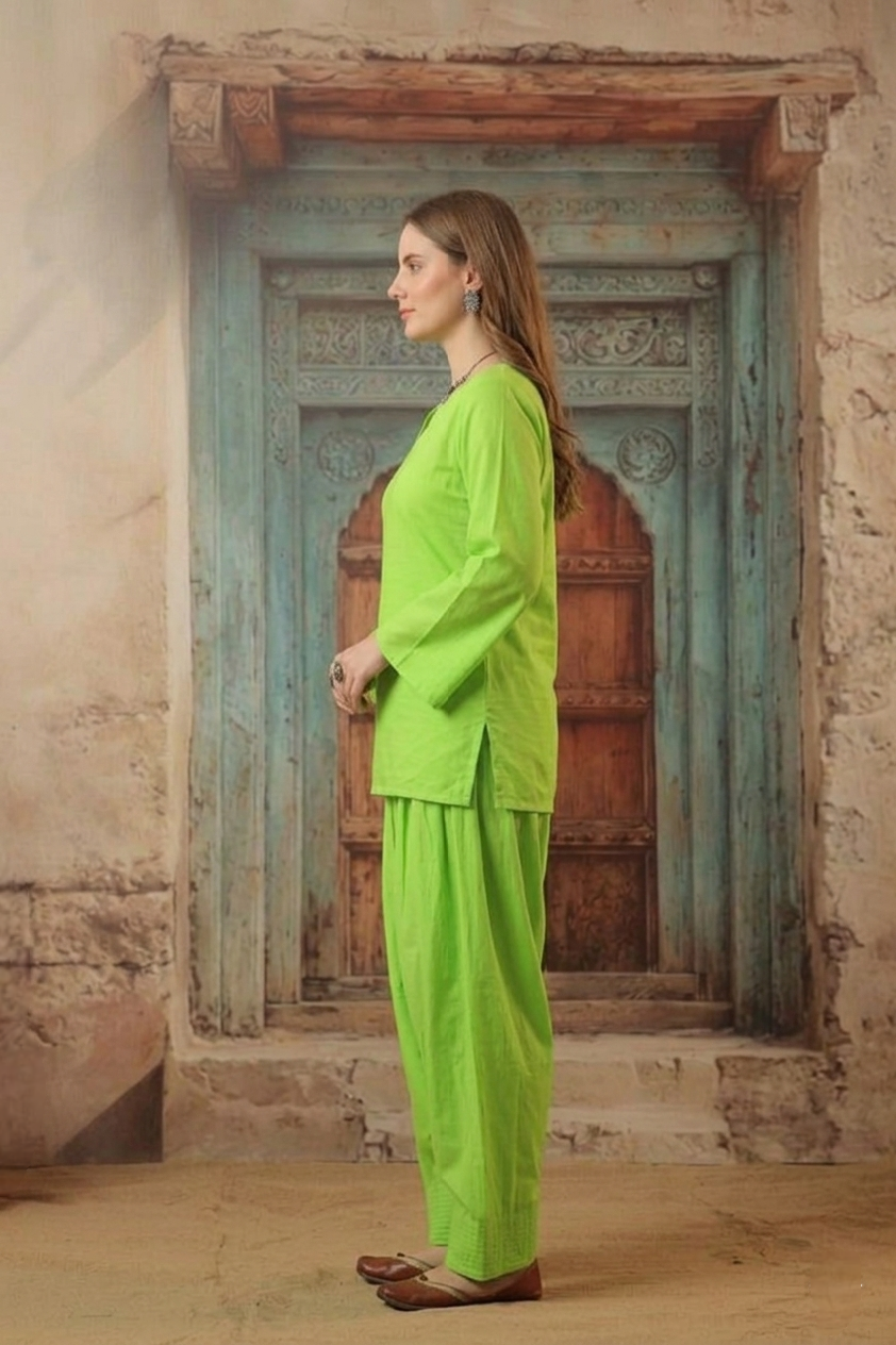 women's cotton sleeveless kurti and farshi salwar set, green, ethnic wear, casual and festive