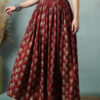 women's floral print maxi skirt, maroon red, 100% pure cotton, elastic waist, full length, breathable fabric