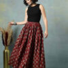women's floral print maxi skirt, maroon red, 100% pure cotton, elastic waist, full length, breathable fabric