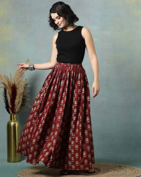 women's floral print maxi skirt, maroon red, 100% pure cotton, elastic waist, full length, breathable fabric