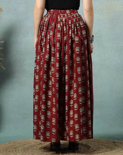 women's floral print maxi skirt, maroon red, 100% pure cotton, elastic waist, full length, breathable fabric