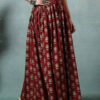 women's floral print maxi skirt, maroon red, 100% pure cotton, elastic waist, full length, breathable fabric
