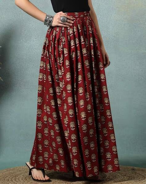 women's floral print maxi skirt, maroon red, 100% pure cotton, elastic waist, full length, breathable fabric