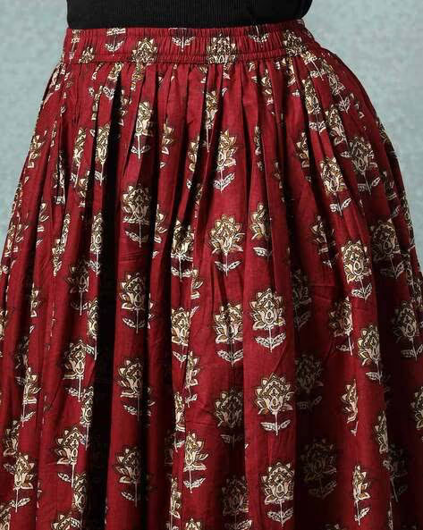 women's floral print maxi skirt, maroon red, 100% pure cotton, elastic waist, full length, breathable fabric