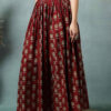 women's floral print maxi skirt, maroon red, 100% pure cotton, elastic waist, full length, breathable fabric