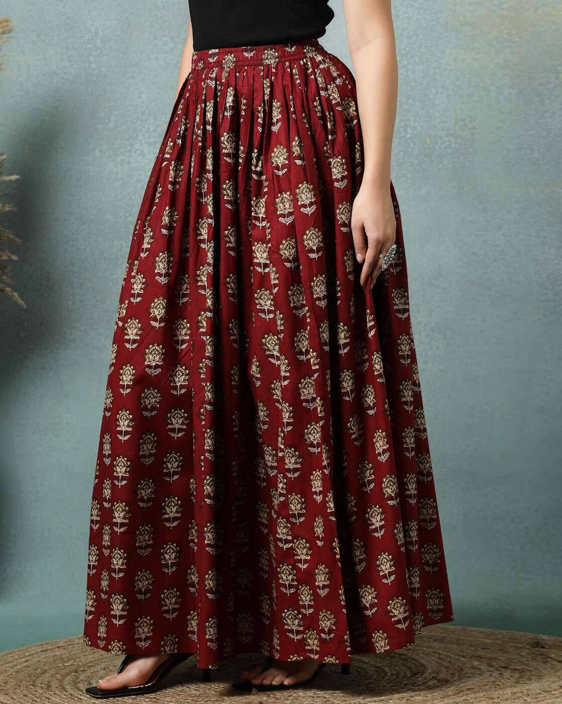 women's floral print maxi skirt, maroon red, 100% pure cotton, elastic waist, full length, breathable fabric