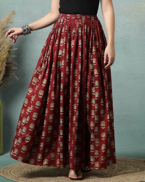 women's floral print maxi skirt, maroon red, 100% pure cotton, elastic waist, full length, breathable fabric