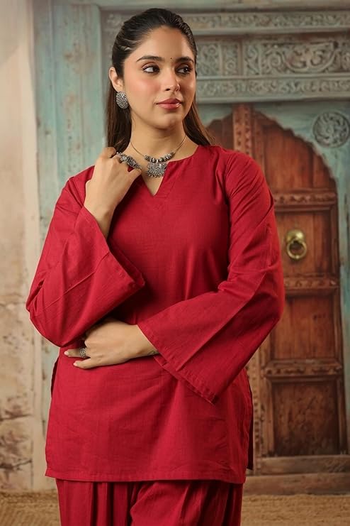 women's cotton bell sleeves kurti and farshi salwar set, red, ethnic wear, casual and festive