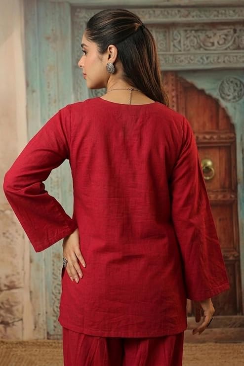 women's cotton bell sleeves kurti and farshi salwar set, red, ethnic wear, casual and festive