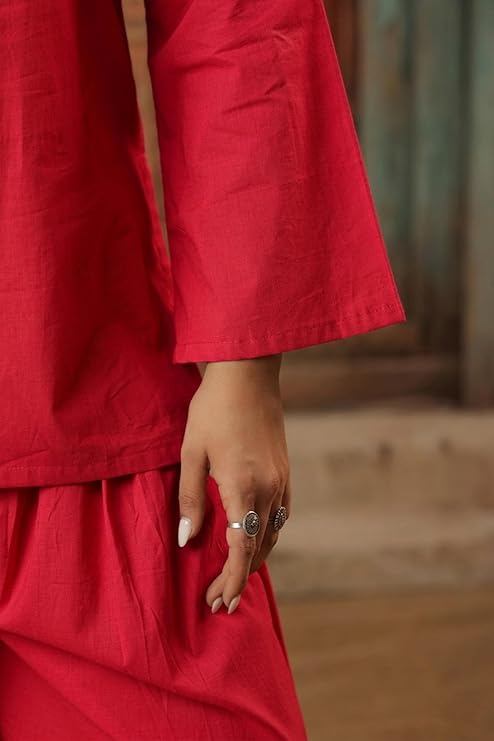 women's cotton bell sleeves kurti and farshi salwar set, red, ethnic wear, casual and festive