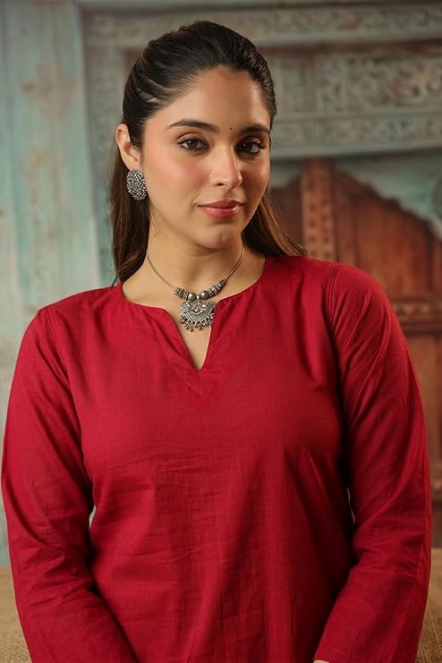 women's cotton bell sleeves kurti and farshi salwar set, red, ethnic wear, casual and festive