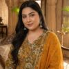 women's floral printed pure cotton anarkali set with dupatta, mustard yellow plus size ethnic wear, 3 piece kurta pants set