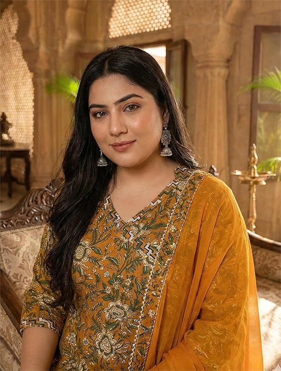 women's floral printed pure cotton anarkali set with dupatta, mustard yellow plus size ethnic wear, 3 piece kurta pants set