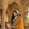 women's floral printed pure cotton anarkali set with dupatta, mustard yellow plus size ethnic wear, 3 piece kurta pants set