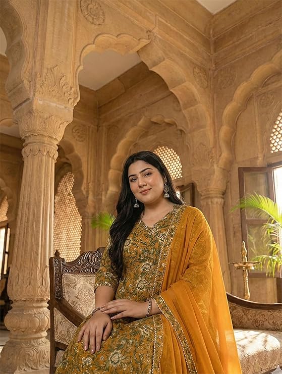 women's floral printed pure cotton anarkali set with dupatta, mustard yellow plus size ethnic wear, 3 piece kurta pants set