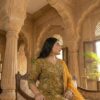 women's floral printed pure cotton anarkali set with dupatta, mustard yellow plus size ethnic wear, 3 piece kurta pants set