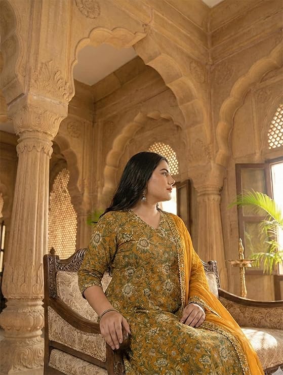 women's floral printed pure cotton anarkali set with dupatta, mustard yellow plus size ethnic wear, 3 piece kurta pants set