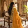 women's floral printed pure cotton anarkali set with dupatta, mustard yellow plus size ethnic wear, 3 piece kurta pants set