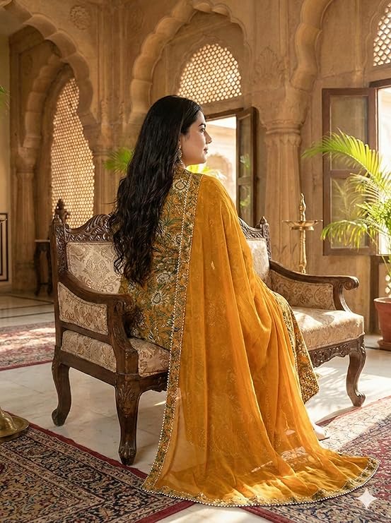 women's floral printed pure cotton anarkali set with dupatta, mustard yellow plus size ethnic wear, 3 piece kurta pants set