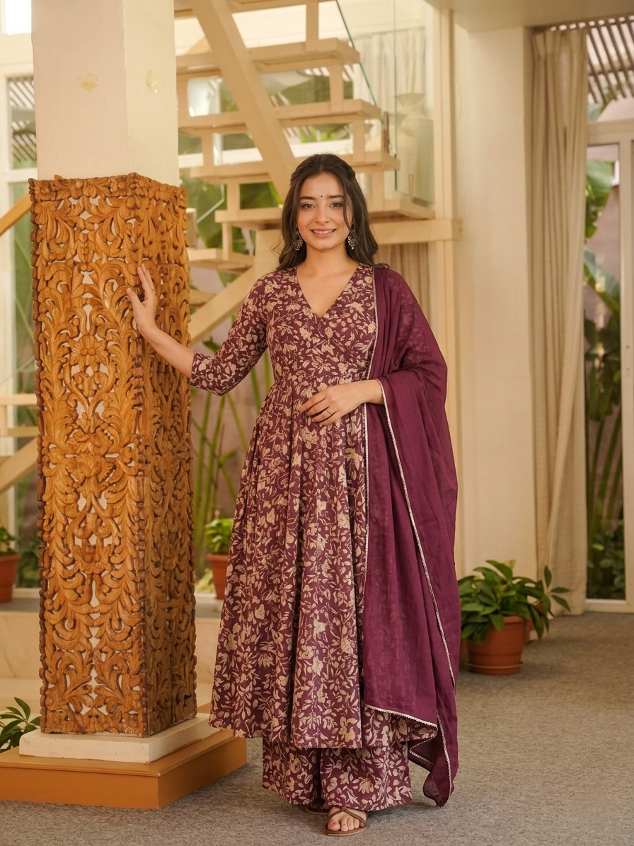 elegant blossom cotton anarkali kurta palazzo dupatta set elegant blossom cotton anarkali kurta palazzo dupatta set