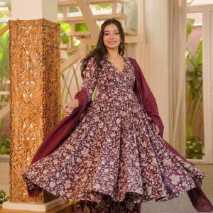 elegant blossom cotton anarkali kurta palazzo dupatta set