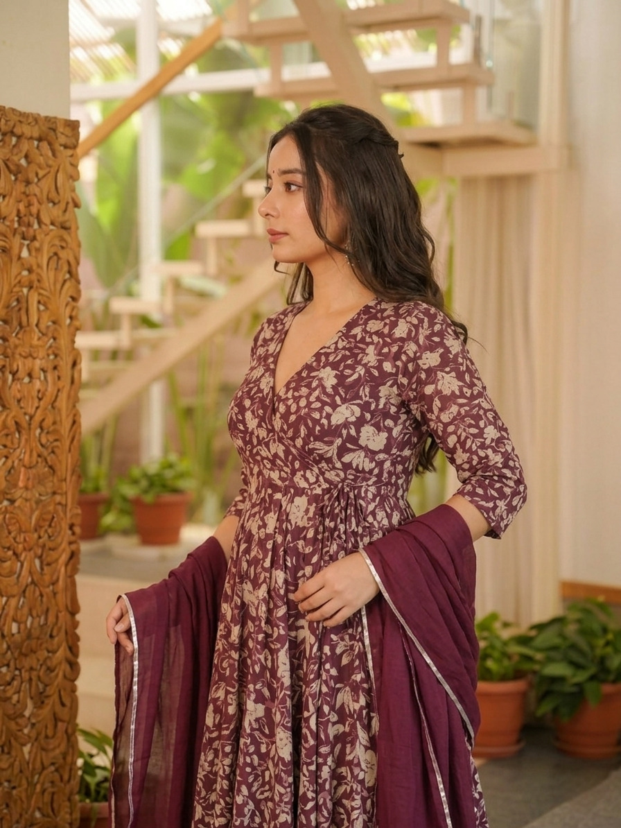 elegant blossom cotton anarkali kurta palazzo dupatta set elegant blossom cotton anarkali kurta palazzo dupatta set