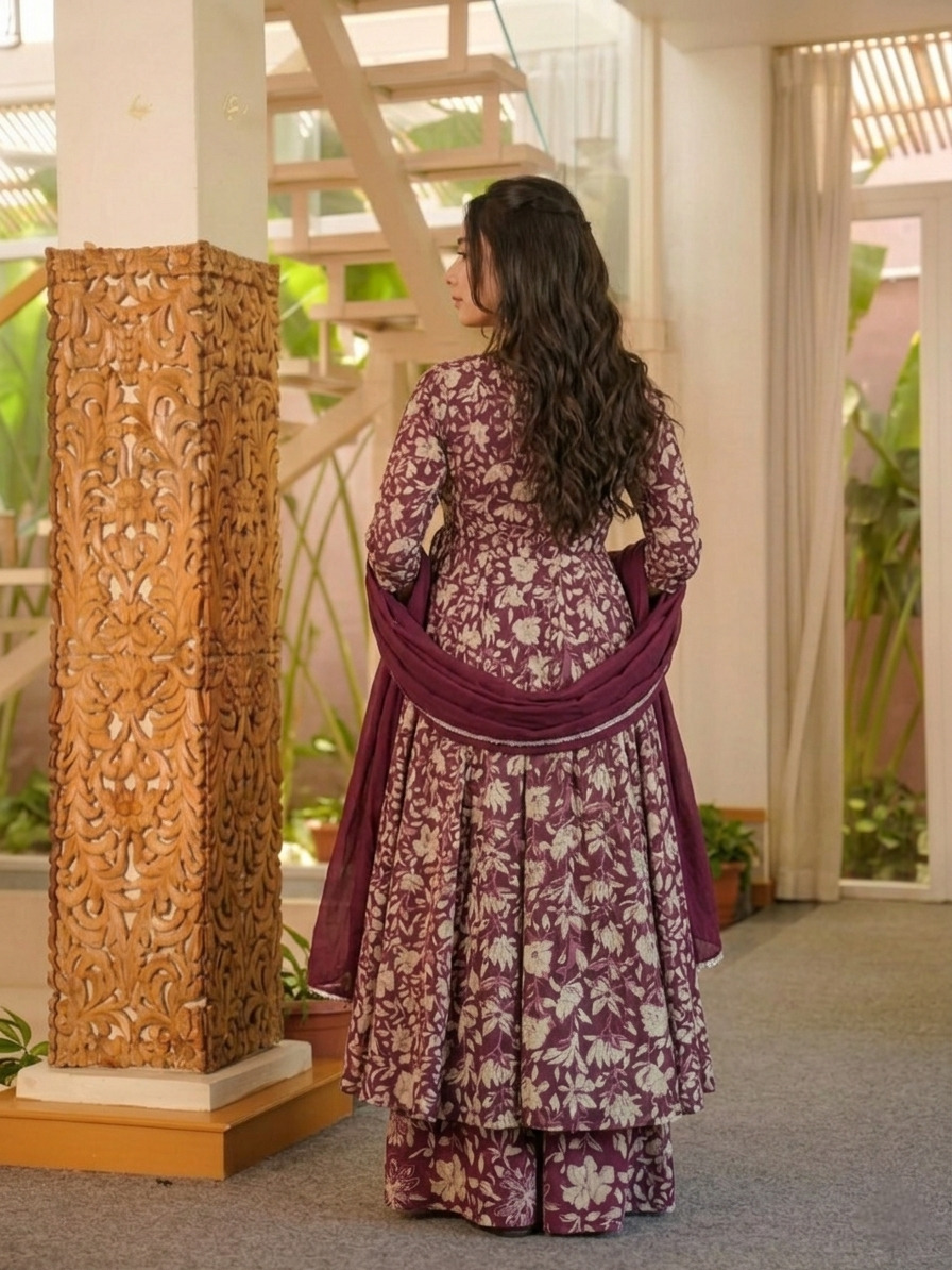 elegant blossom cotton anarkali kurta palazzo dupatta set elegant blossom cotton anarkali kurta palazzo dupatta set
