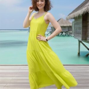Women Tiered Cotton Sleeveless Maxi Dress - Lime Green
