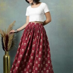 Women's Red Floral Printed Cotton Maxi Skirt