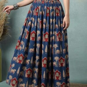 Women's red Hand Block Printed Cotton Maxi Skirt