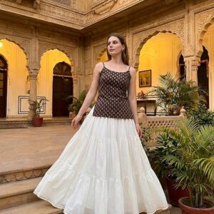 Top with White Tiered Lehenga Skirt Set