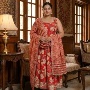 Plus Size Women Rust Red Sleeveless Anarkali Suit Set