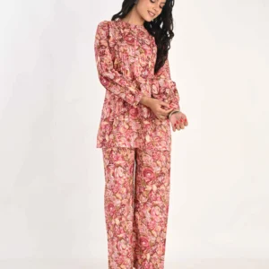 Printed Pure Cotton Mandarin Collar Pintuck Tunic & Trousers Co-Ords Pink