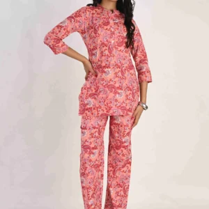 Printed Pure Cotton Mandarin Collar Tunic & Trousers Co-Ords Peach/Red