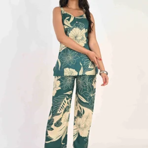 Printed Sleeveless Cotton Round Neck Tunic & Trousers Co-Ords Sea Green