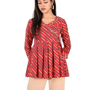 Women Laheriya Print Cotton Anarkali Short Kurti (Red)
