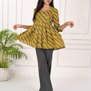 Women Laheriya Print Cotton Anarkali Short Kurti (Olive Green)