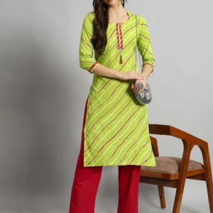 Women Cotton Leheriya Dyed Regular Kurta with Trousers[LimeGreen]