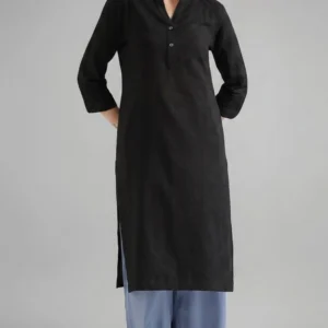 Women Cotton Popline Solid Kurta (Black)