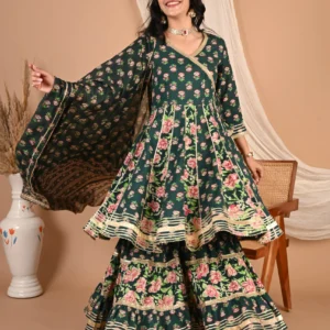 Women Angrakha Kurta with Sharara & With Dupatta(Dark Green)