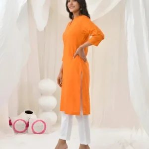 Women Cotton Solid Kurta (Bhagwa)